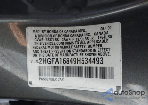 2009 Honda Civic Ex z USA, uszkodzony, nr VIN 2HGFA16849H534493